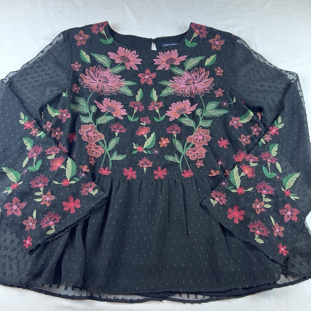 American Eagle Whimsigoth Boho Top Embroidered‎ Floral Swiss Dot Bell Sleeve XL